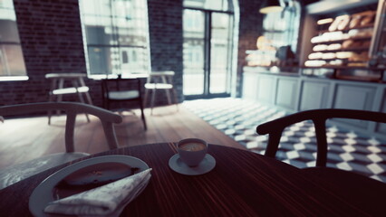 Sunlight streams through large windows, illuminating a cozy cafe. A small table features a cup of rich coffee, a napkin, and a slice of dessert waiting to be enjoyed.
