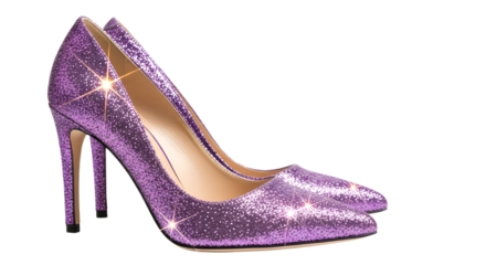 Luxury stylish pair of dazzling purple glitter high heel pumps fashion accessory product shot isolated PNG with Transparent Background