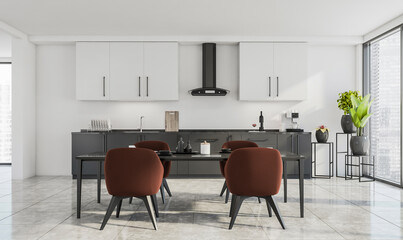 Front view of panoramic white, grey interior with kitchen, orange chairs