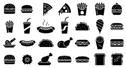 A collection of various fast food items, illustrated in a simple black and white style.