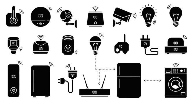Black and white icons depicting smart home appliances and devices connected to a central router.