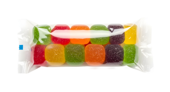 Vibrant assorted square gummy candies packaged in clear plastic wrap for confectionery marketing. isolated PNG with Transparent Background