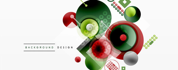 Abstract design features vibrant circles, curves, squares. Red, green, yellow hues dominate composition. Modern aesthetic.