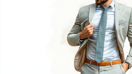 Stylish man light gray suit, confidently adjusting his tie, exudes professionalism and elegance. outfit features crisp white shirt and textured