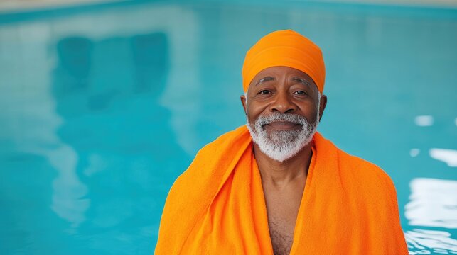 Senior man wearing an orange towel stands by the pool with a joyful expression, celebrating his recent sports training at a fitness facility, embracing a healthy lifestyle - Powered by Adobe