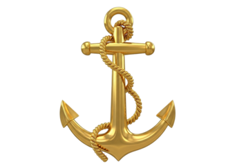 Shiny golden anchor with thick rope detail rendered in 3 D isolated on a transparent background nautical