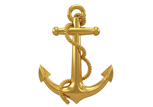 Shiny golden anchor with thick rope detail rendered in 3 D isolated on a transparent background nautical
