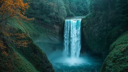 Tall tropical waterfall cascading into calm turquoise pool surrounded by lush dense rainforest and dramatic natural landscape atmosphere