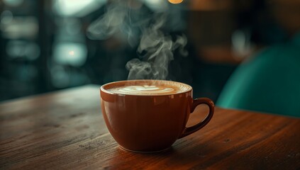 Warm steaming cup of freshly brewed coffee on wooden table inside cozy café creating comforting atmospheric morning beverage scene