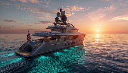Luxury modern yacht floating on calm turquoise water during warm colorful sunset with glowing sky and peaceful ocean horizon