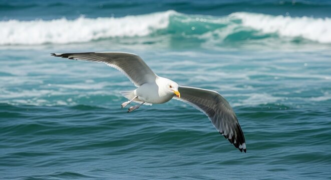 National Bird Seagull flying above ocean waters bird, wildlife, colorful, exotic - Powered by Adobe