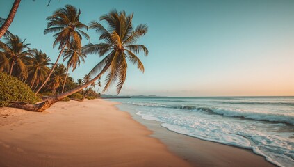 Tropical beach with tall palm trees and calm turquoise ocean waves