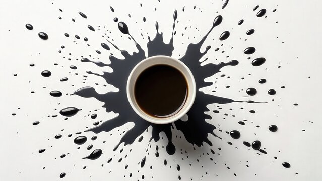 Dark ink spilled from a white cup forming an abstract splash pattern on a bright surface