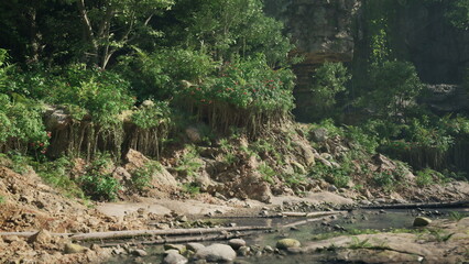 A tranquil river meanders through a vibrant forest filled with lush plants and trees. Sunlight filters through the leaves, creating a peaceful atmosphere by the waters edge.