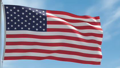 Obraz premium American flag waving gently against a clear blue sky with few clouds on a sunny day outdoors