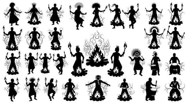 Silhouetted figures in various poses around flames, some holding torches, depicting a ritual.