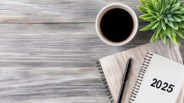 A chiffon notebook marked with 2025 rests on a wooden office table, alongside a coffee cup, a black pen, and a succulent plant, symbolizing fresh starts and work planning