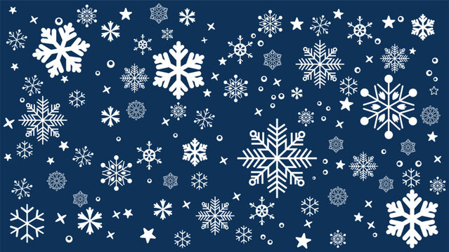 Seamless winter background featuring various sizes of scattered white snowflakes on a blue background. Simple and cold-toned vector pattern ideal for Christmas, New Year, holiday promotions.	