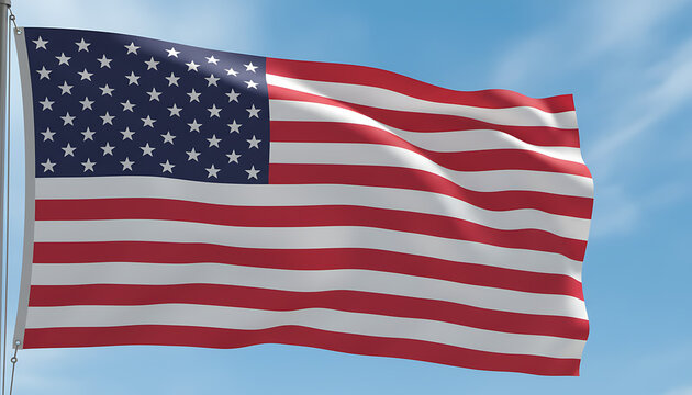 American flag waving gently against a clear blue sky with few clouds on a sunny day outdoors