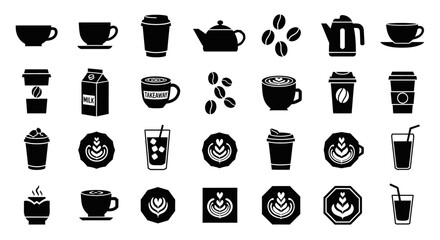 Collection of various coffee-related icons, including cups, beans, and latte art.