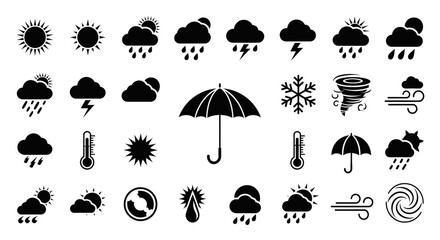 A collection of weather icons depicting various conditions, including sun, rain, and storms.