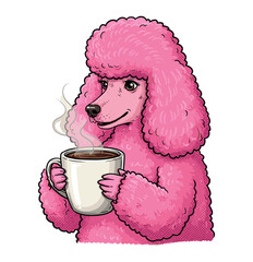 Pink poodle holding steaming coffee cup on white background — ideal for cozy home, hygge and pet care content.