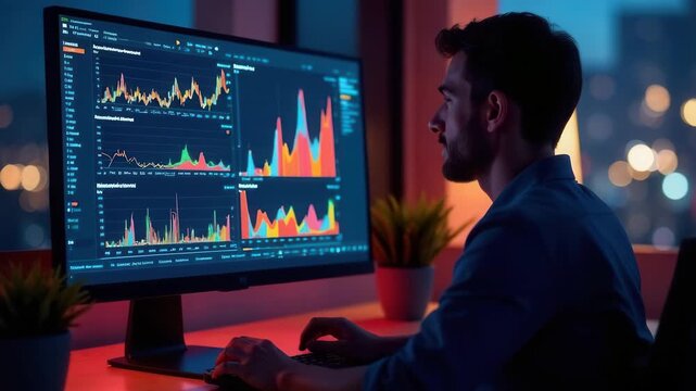A young Caucasian man with dark hair analyzes data on a large computer screen at night. Colorful graphs and charts are displayed, with city lights in the background. - Powered by Adobe