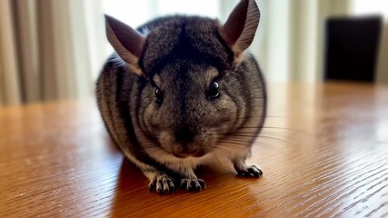 A close-up of a small gray rodent with large ears sits on a wooden surface