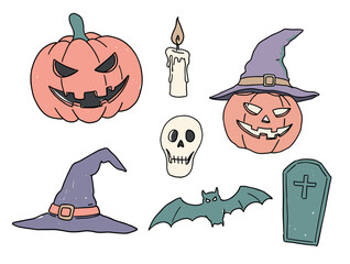 Minimalist Halloween icons set with pumpkin, witch hat, bat, coffin, skull and candle — ideal for holiday, festive and design content.