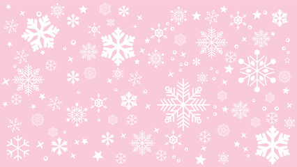 Seamless winter background featuring various sizes of scattered white blue snowflakes on a pink background. Simple and cold-toned vector pattern ideal for Christmas, New Year, holiday promotions.