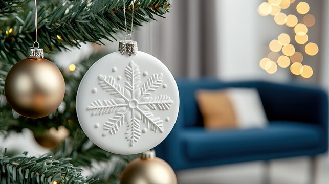 A close-up view showcases a white snowflake decoration hanging from lush green pine branches. Golden and silver ornaments add a festive touch to a warmly decorated living room during Christmas