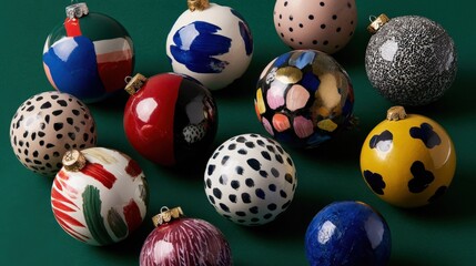 Collection of glossy Christmas baubles with abstract and geometric painted patterns on green background