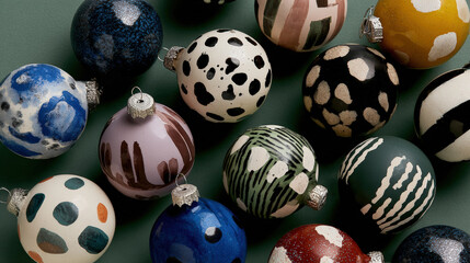 Collection of glossy Christmas baubles with abstract and geometric painted patterns on green background