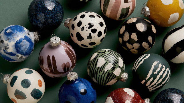 Collection of glossy Christmas baubles with abstract and geometric painted patterns on green background