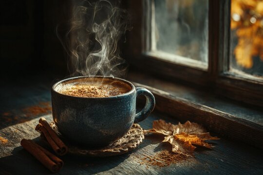 Steaming cup of pumpkin spice latte in a ceramic mug on a rustic wooden table with autumn leaves and cinnamon sticks, evoking cozy seasonal warmth and comfort