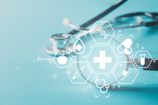 Stethoscope with virtual medical icons. Healthcare technology, medical research, diagnosis, and digital health. Concept for health insurance, wellness, and patient care. - Powered by Adobe