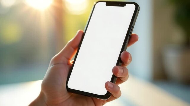 A hand holding a modern smartphone with a blank screen. The background features soft sunlight and a blurred indoor setting.