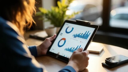 A person analyzes data on a tablet. The screen displays various graphs and charts. A plant and a smartphone are on the table. - Powered by Adobe