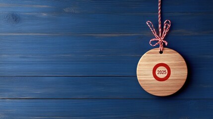 A wooden calendar displays the year 2025 enclosed within a target icon, set against a vivid blue background. This design inspires future planning and goal-setting