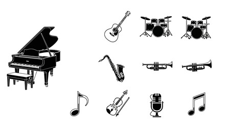 Dynamic collection of musical instruments and symbols for vibrant audio projects and creative designs