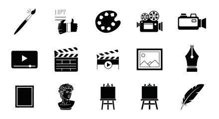 Inspiring collection of creative icons featuring art supplies, filmmaking tools, and artistic expression elements for modern design projects