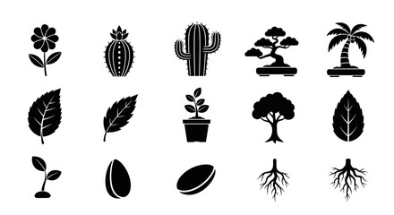 Vibrant botanical icons showcasing diverse plant life from delicate flowers to robust trees and intricate roots, perfect for nature and growth themes