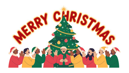 Joyful Christmas Chorus: A group of diverse people in winter attire sing carols around a festively adorned evergreen tree, celebrating the joy of the holiday season. 