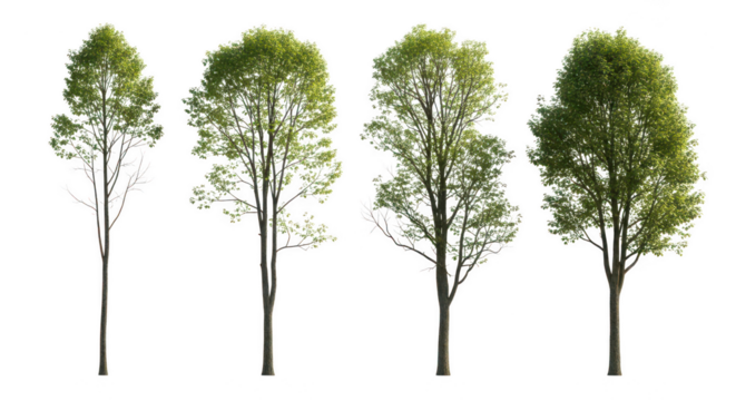 Four trees with green leaves isolated on transparent background - Powered by Adobe