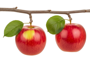 Two ripe red apples with green leaves hanging from a brown branch isolated on a transparent background