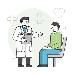 Vector illustration of a friendly doctor in a white coat consulting with a male patient sitting on a chair in a clinic.