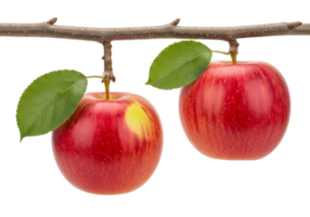 Two ripe red apples with green leaves hanging from a brown tree branch isolated on a transparent background