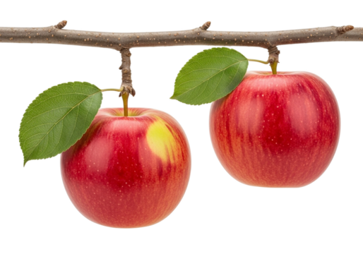 Two ripe red apples with green leaves hanging from a brown tree branch isolated on a transparent background