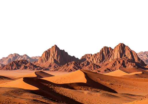 Vast desert landscape with sand dunes and rugged mountains under a dark sky isolated on a transparent background