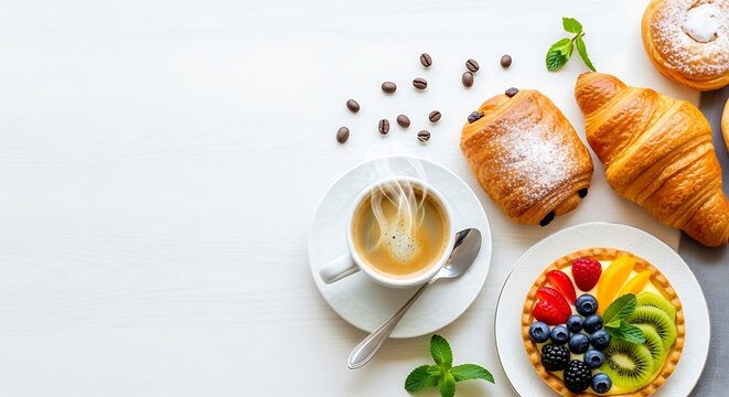 Elegant breakfast arrangement featuring coffee, pastries, and a colorful fruit tart on a white surface ready to start